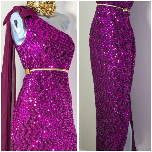 Off Shoulder Sequin Cocktail Evening Attached Chiffon Bow Side Split VTG Dress - Picture 10 of 12